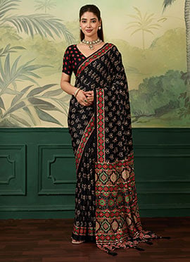 Regal Black Chinon Silk Digital Print Mirror Work Saree