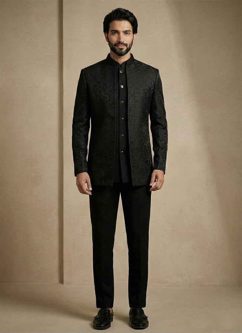 Regal Black Donear Satin Jacquard Bandhgala Suit Wedding Wear