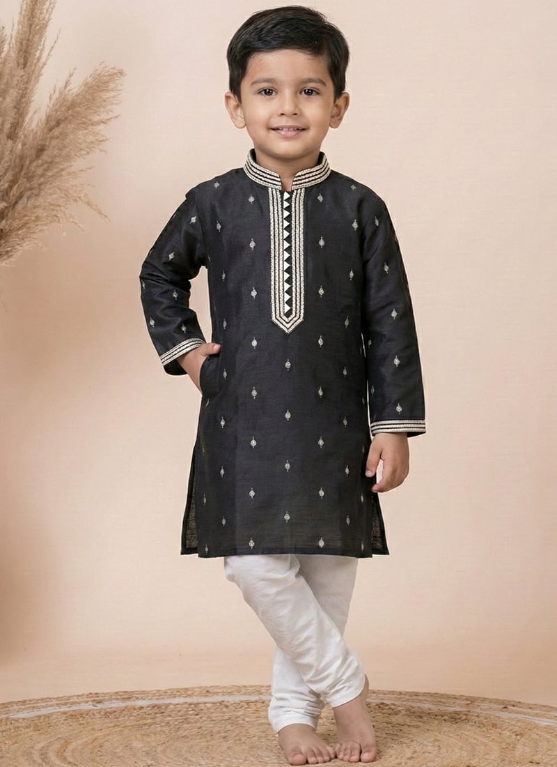 Regal Black Jacquard Silk Kids Boys Kurta Pyjama  Festive Wear