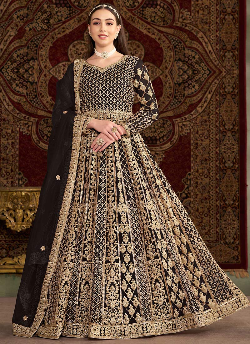 Regal Black Net A Line Anarkali With Dazzling Gota Embroidery Sequins Wedding Wear-SLSCC5528210A