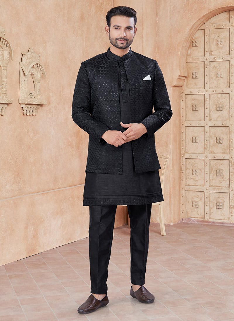 Regal Black Raw Silk Jacquard Embroidered Sequins Jacket Style Indowestern Sherwani   Wedding Wear