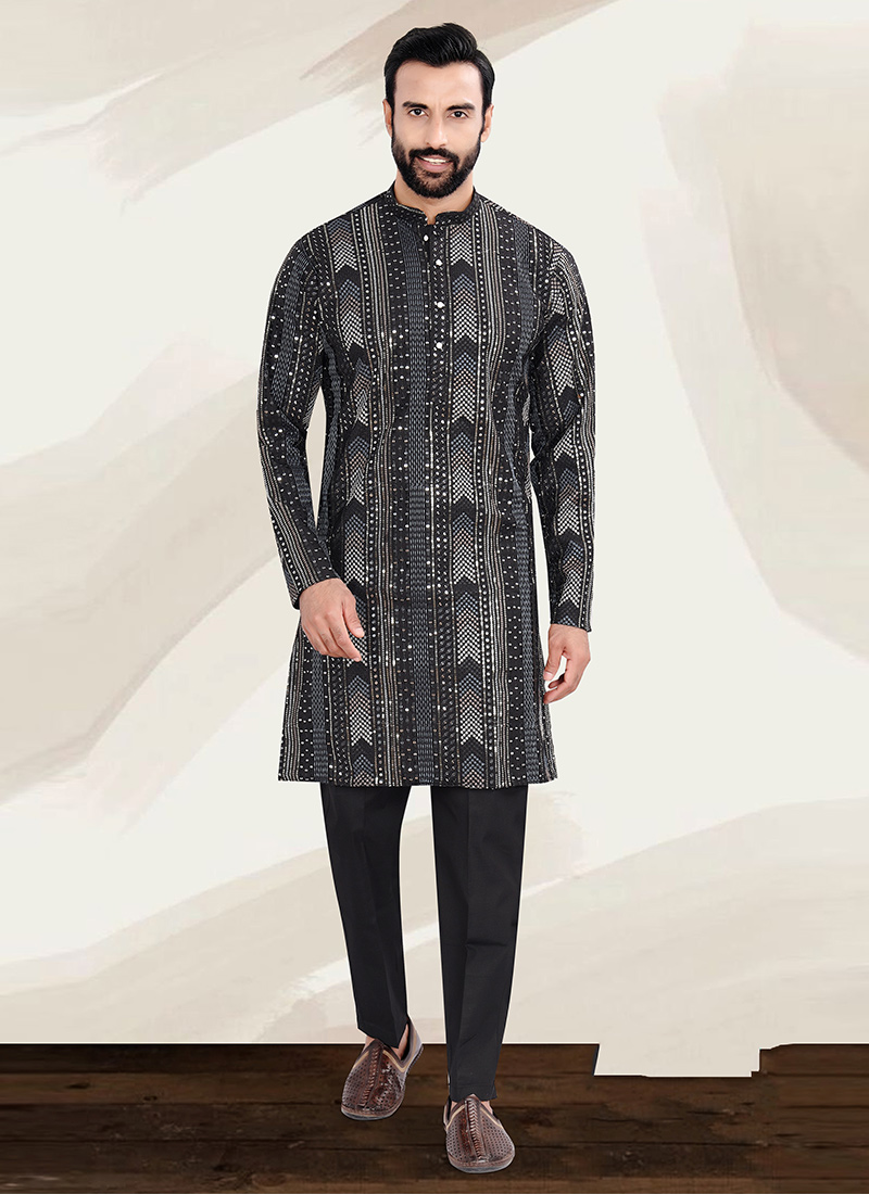 Regal Black Rayon Sequins Embroidered Kurta Pyjama Festive Wear