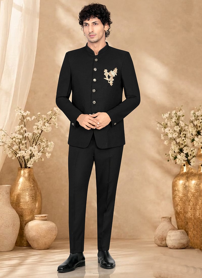 Regal Black Rayon Zari Embroidered Bandhgala Suit Wedding Wear