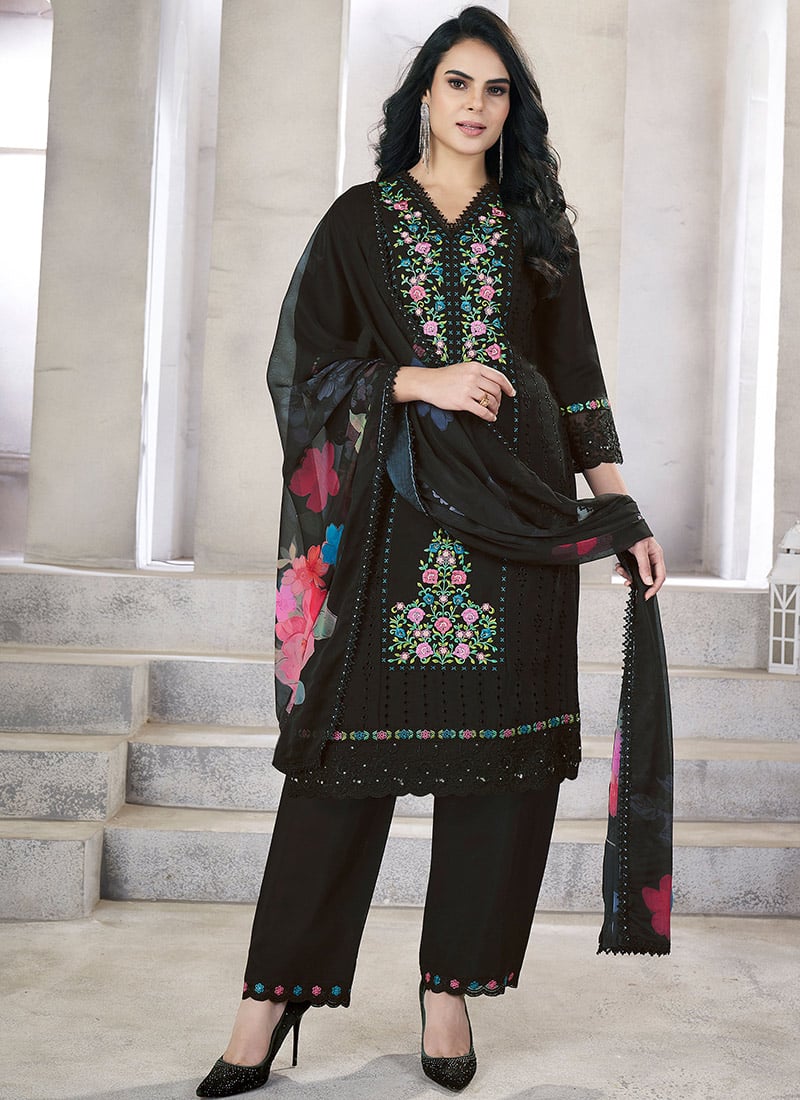 Regal Black Silk Schiffli Embroidered Straight Pant Suit Festive Wear