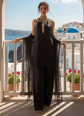 Regal Black Silk Stones Sequins Beads Hand Work Farshi Suit