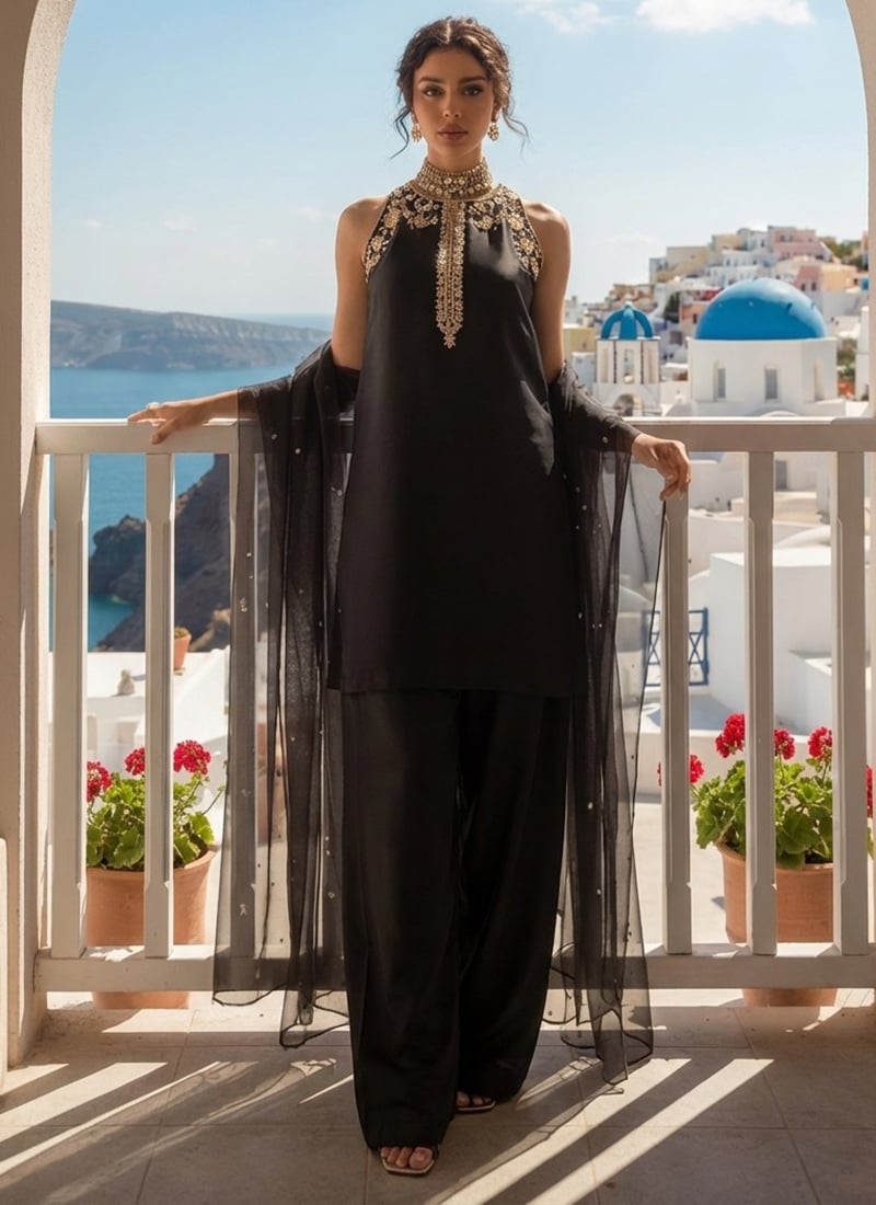 Regal Black Silk Stones Sequins Beads Hand Work Farshi Suit Festive Wear