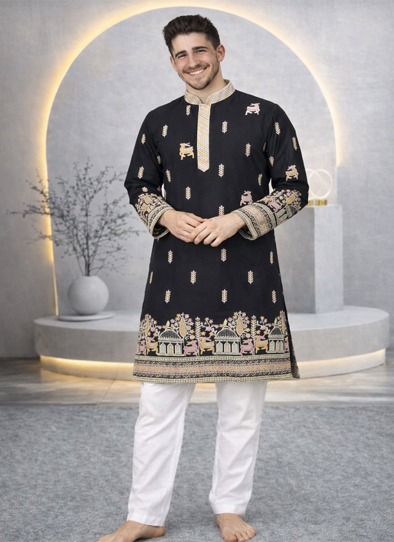 Regal Black Soft Silk Thread Embroidered Kurta Pyjama Festive Wear