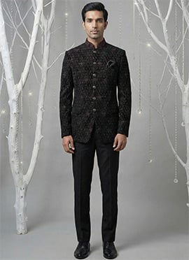 Regal Black Velvet Embroidered Thread Bandhgala Suit