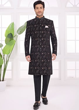 Regal Black Velvet Zari Embroidered Sequins Indowestern Sherwani