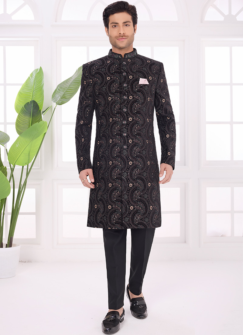 Regal Black Velvet Zari Embroidered Sequins Indowestern Sherwani Wedding Wear