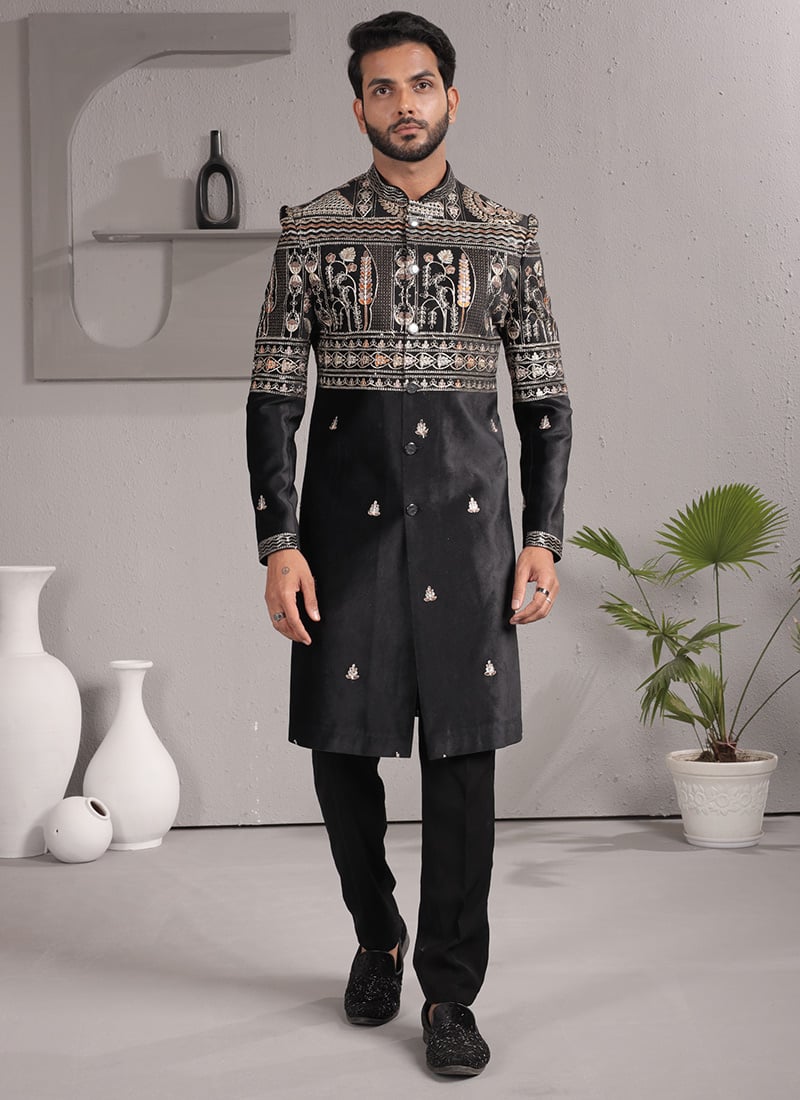 Regal Black Velvet Zari Embroidered Thread Indowestern Sherwani Wedding Wear
