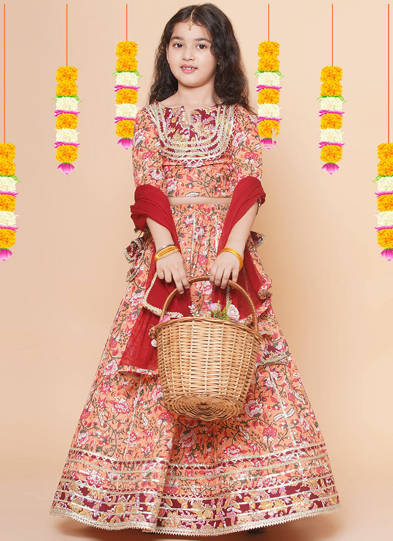 Regal Blended Cotton Printed Kids Girls Umbrella Lehenga Festive Wear