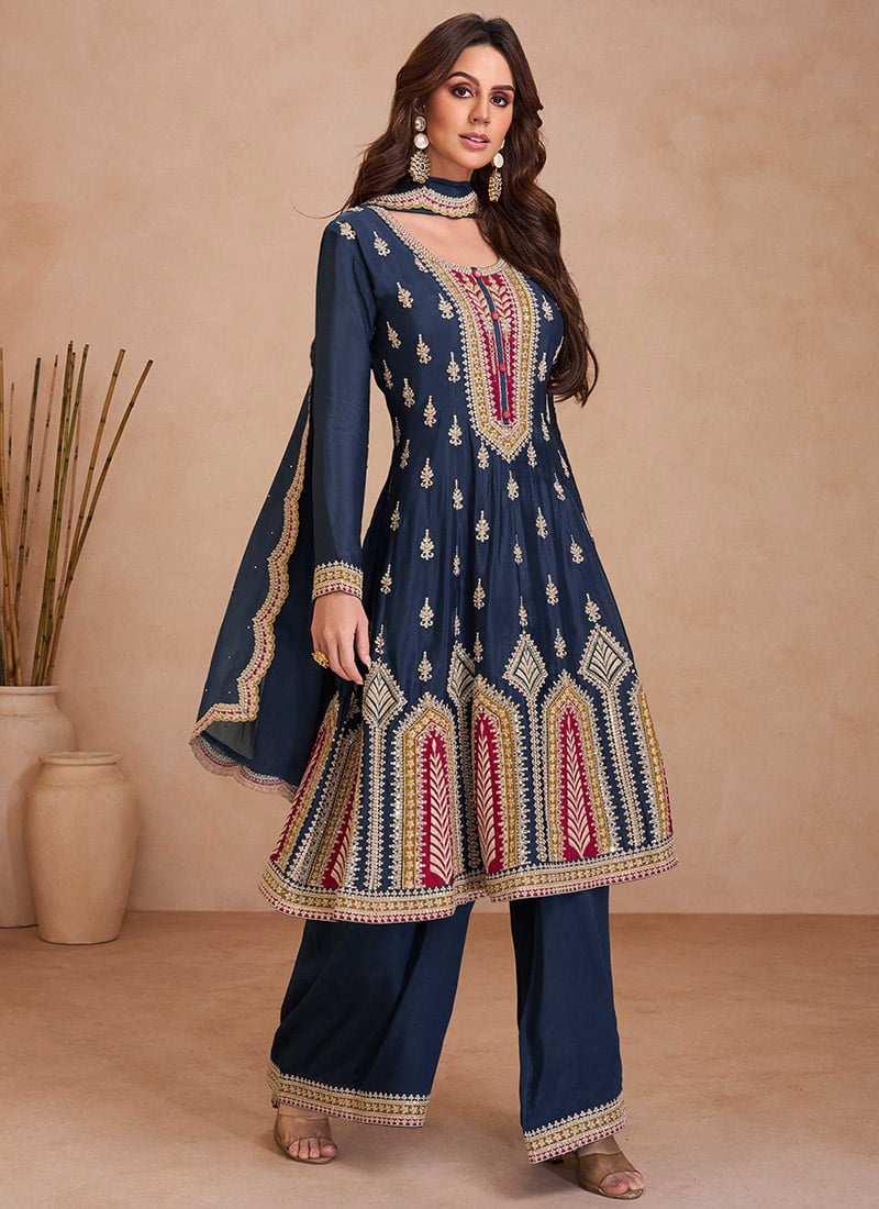 Regal Blue Chinon Embroidered Sequins A Line Palazzo Suit Festive Wear