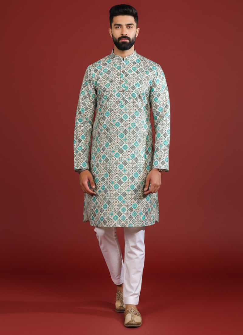 Regal Blue Cotton Printed Kurta Pyjama Festive Wear