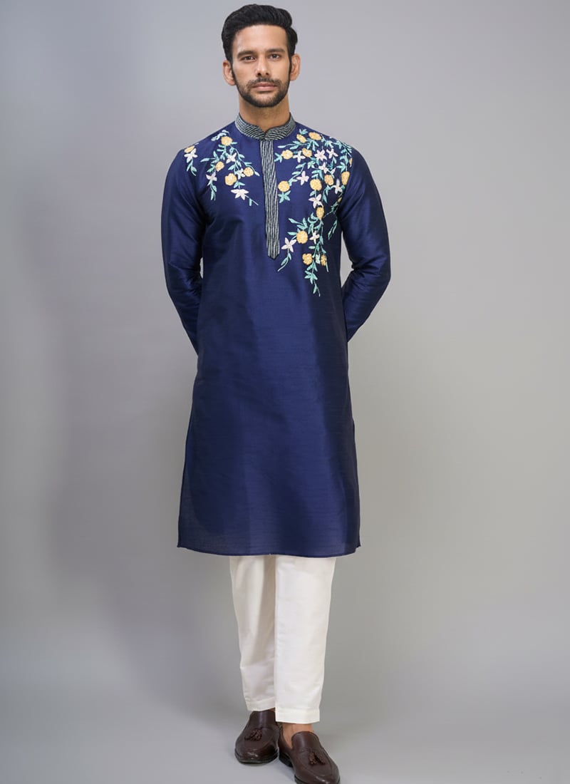Regal Blue Silk Embroidered Kurta Pyjama Festive Wear