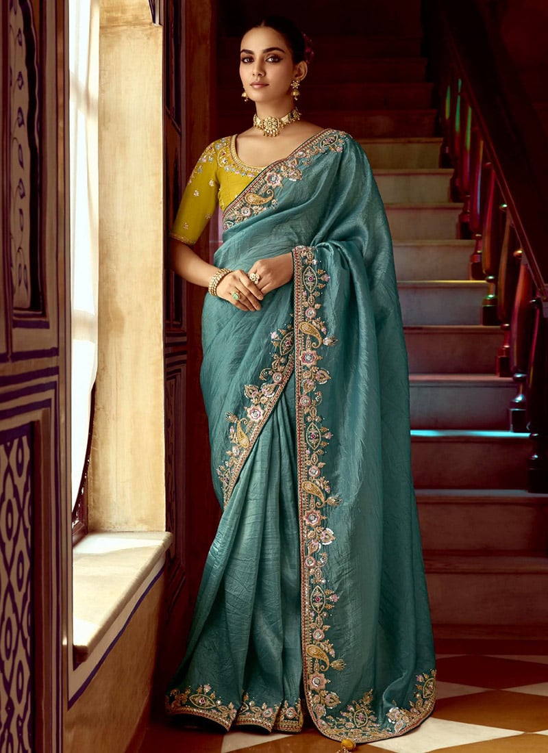 Regal Blue Silk Embroidered Sequins Stone And Beads Work Saree Wedding Wear