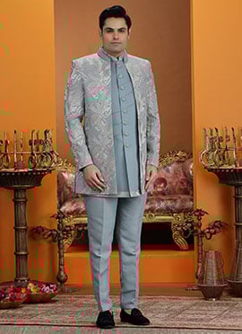 Regal Blue Silk Sequins Embroidered Stones Thread Indowestern Sherwani