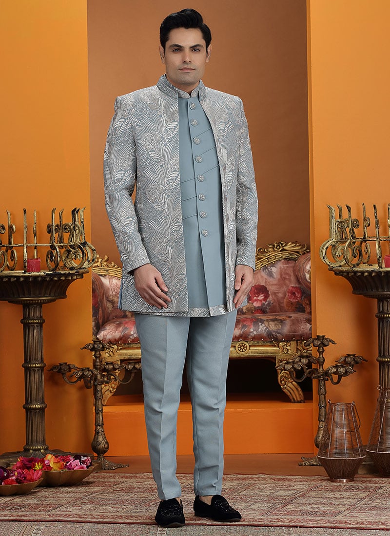 Regal Blue Silk Sequins Embroidered Stones Thread Indowestern Sherwani Wedding Wear