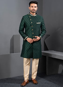 Regal Bottle Green Jacquard Silk Zari Indowestern Sherwani