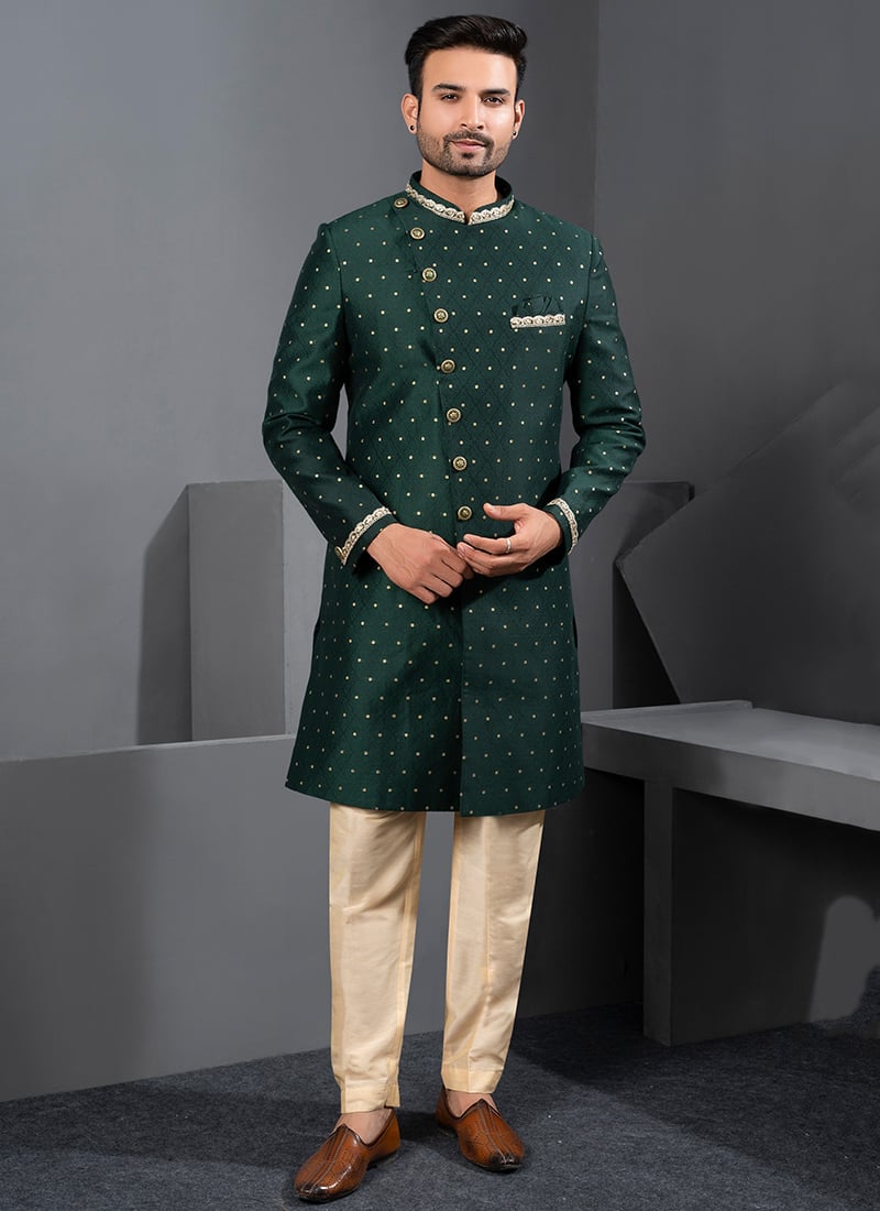Regal Bottle Green Jacquard Silk Zari Indowestern Sherwani Wedding Wear