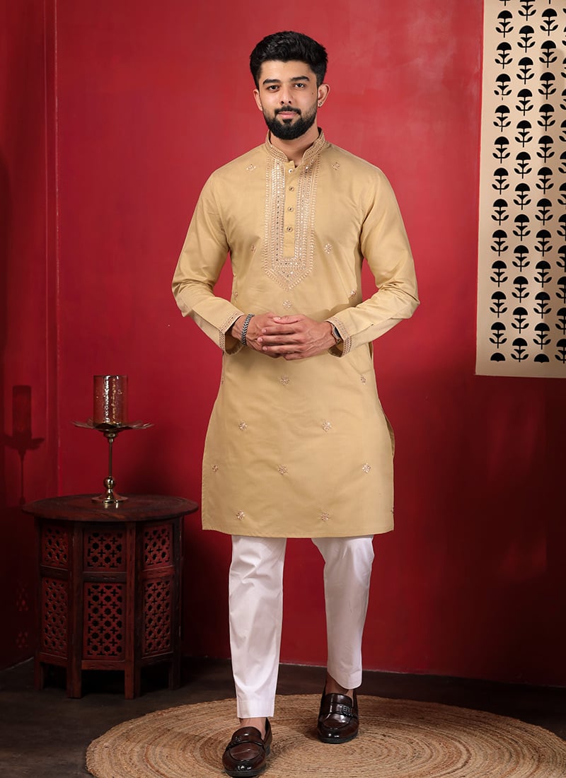 Regal Brown Cotton Embroidered Kurta Pyjama Festive Wear