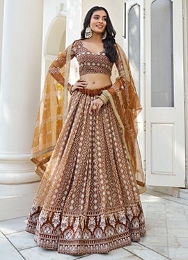Regal Brown Net Embroidered Sequins Umbrella Lehenga