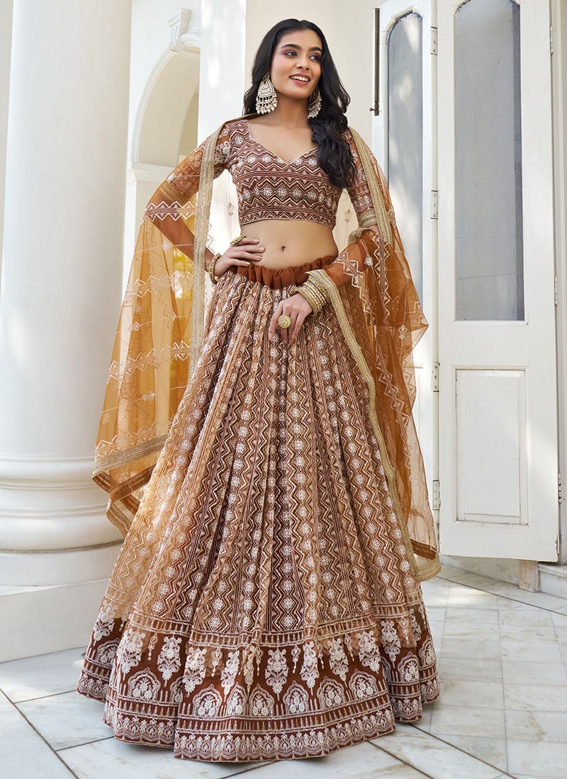 Regal Brown Net Embroidered Sequins Umbrella Lehenga Wedding Wear
