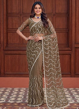 Regal Brown Net Sequins Saree