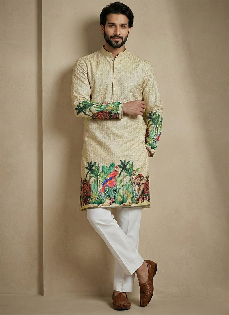 Regal Cream Cotton Schiffli Work And Digital Print Kurta Pyjama For Men Festive Wear