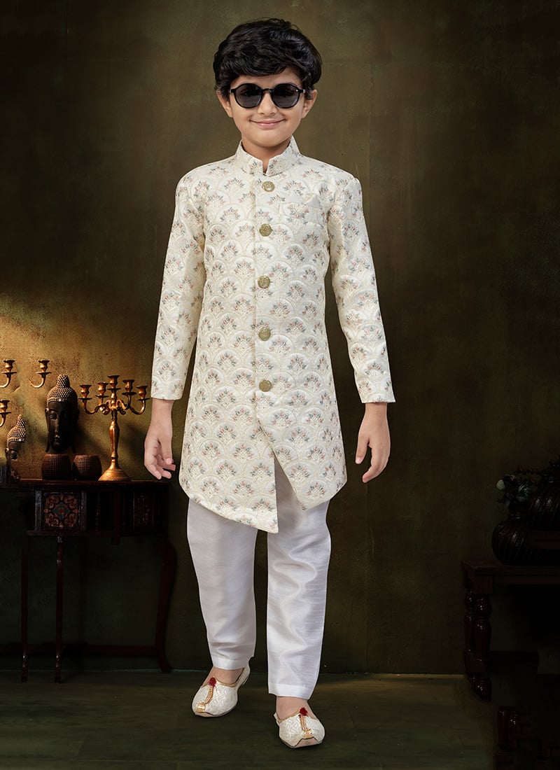 Regal Cream Imported Soft Silk Stone Work Kids Boys Indowestern Sherwani Wedding Wear
