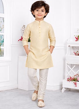 Regal Cream Jacquard Silk Brocade Kids Boys Kurta Pyjama