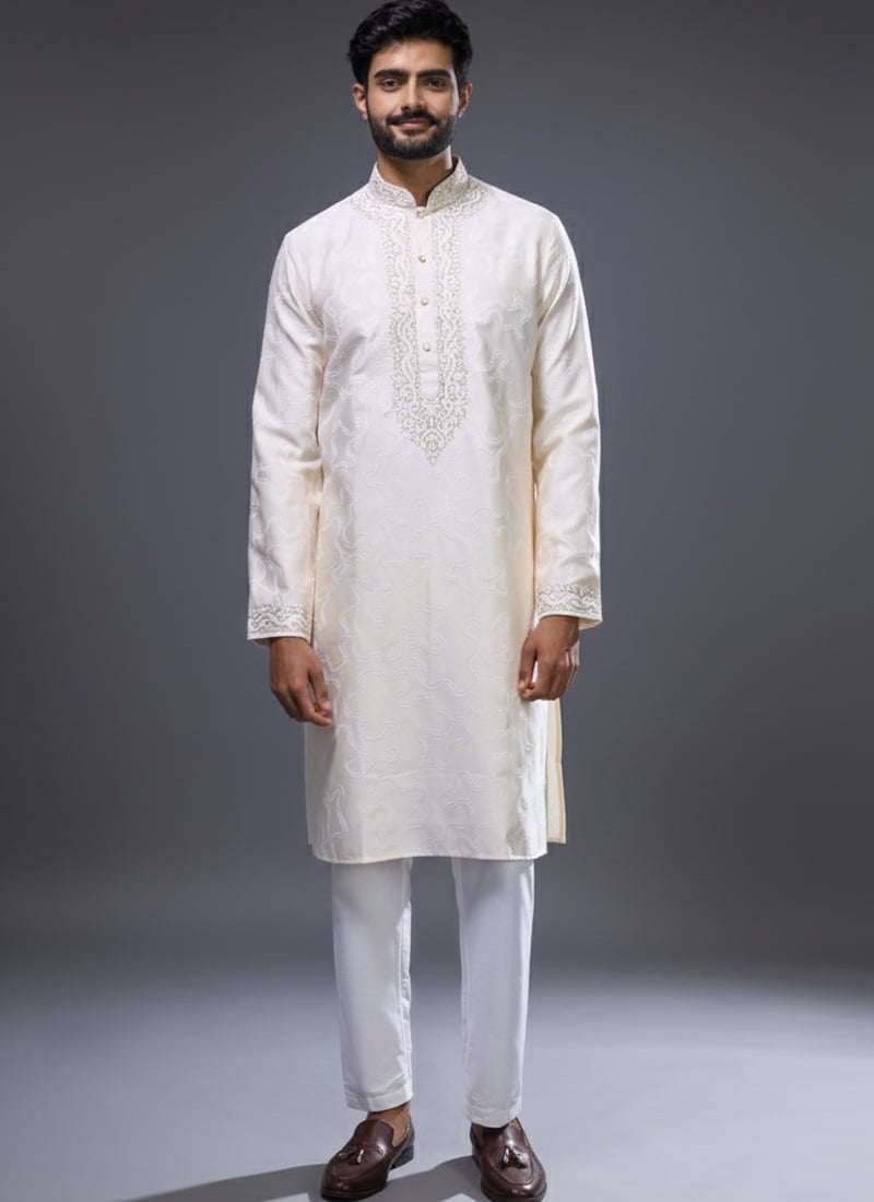 Regal Cream Silk Embroidered Kurta Pyjama Festive Wear