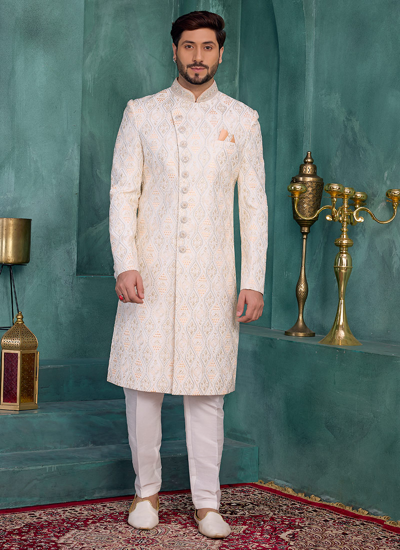 Regal Cream Silk Sequins Embroidered Indowestern Sherwani Wedding Wear