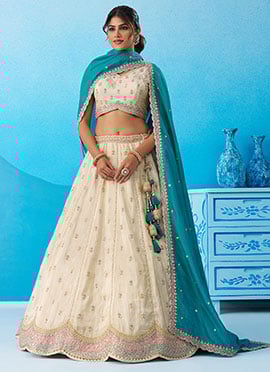 Regal Cream Tissue Embroidered Sequins Beads Work Lehenga