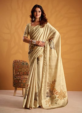 Regal Cream Tussar Silk Zari Work Digital Print Zari Saree