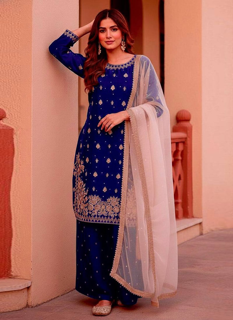 Regal Dark Blue Art Silk Embroidered Sequins Palazzo Suit After Six Wear