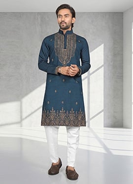 Regal Dark Blue Cotton Silk Embroidered Mens Kurta
