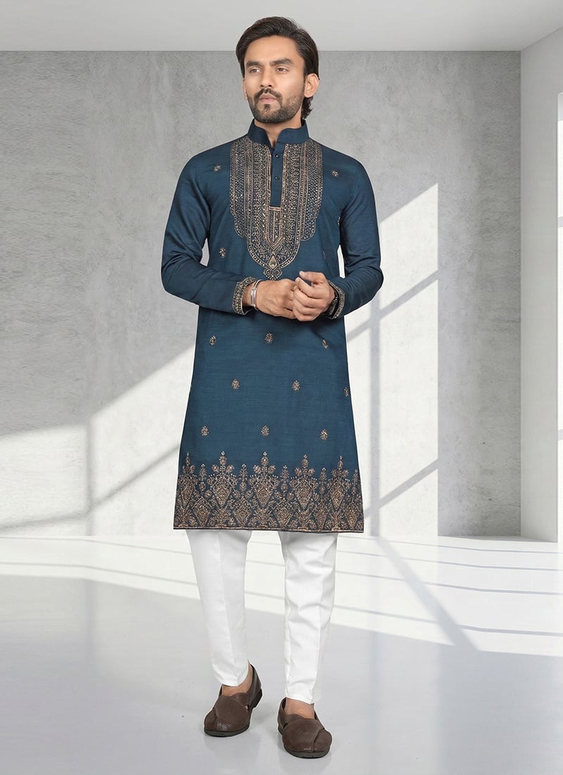 Regal Dark Blue Cotton Silk Embroidered Mens Kurta