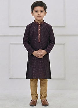 Regal Dark Purple Silk Zari Thread Kids Boys Kurta Pyjama