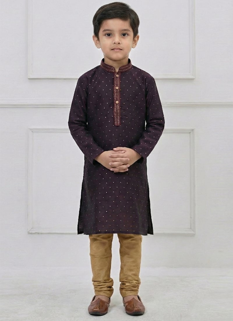 Regal Dark Purple Silk Zari Thread Kids Boys Kurta Pyjama Festive Wear