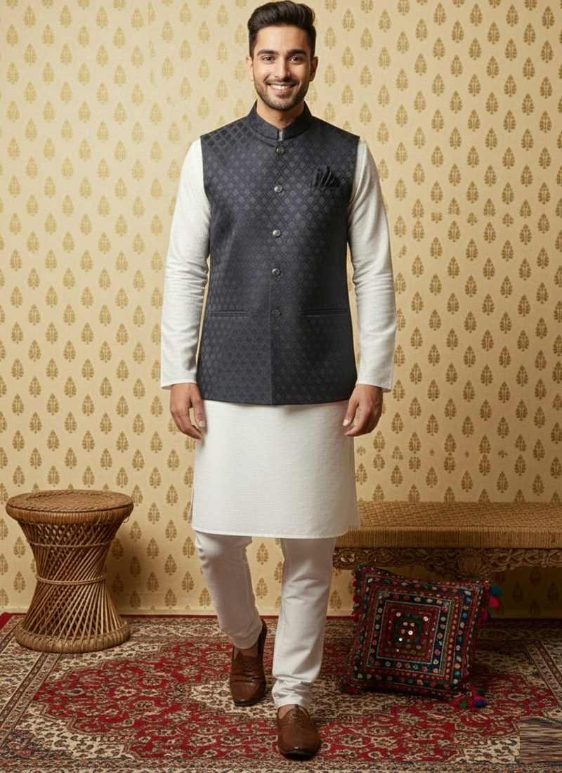 Regal Deep Blue Jacquard Silk Bandhgala Jacket