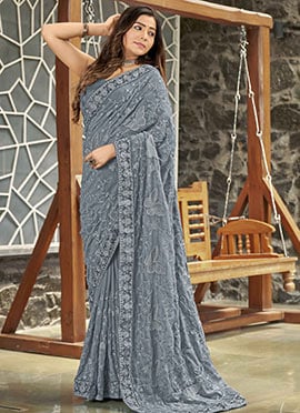 Regal Elegance Grey Faux Georgette Embroidered Saree