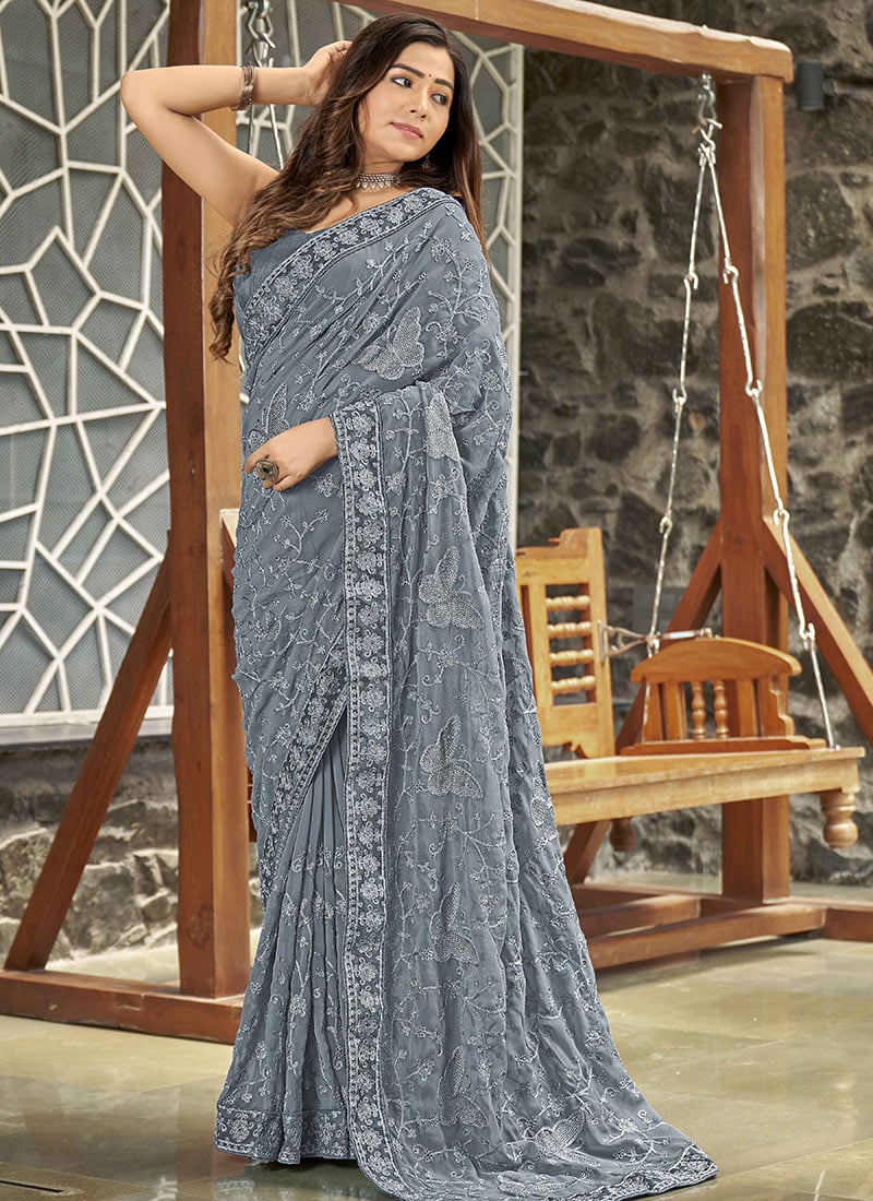 Regal Elegance Grey Faux Georgette Embroidered Saree Festive Wear