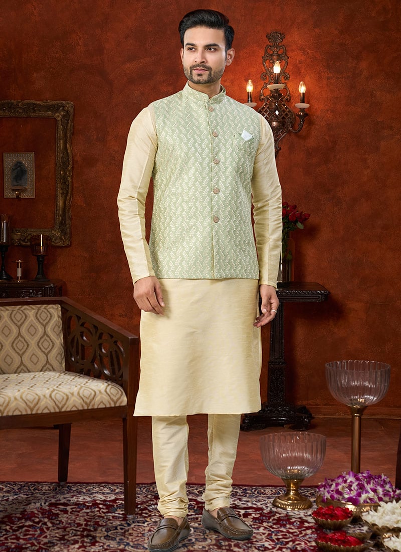 Regal Fawn Silk Dupion Embroidered Thread Bandi Set Festive Wear