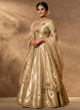 Regal Gold Organza Resham Embroidered Umbrella Lehenga