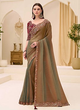 Regal Golden Georgette Embroidered Sequins Zari Thread Saree
