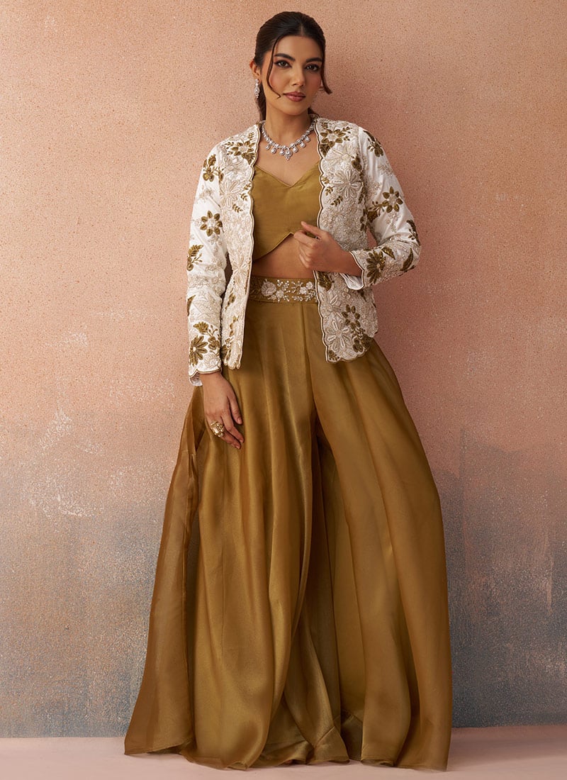 Regal Golden Mustard Tissue Embroidered Sequins With Beads Work Jacket Palazzo Crop Top Set Wedding Wear