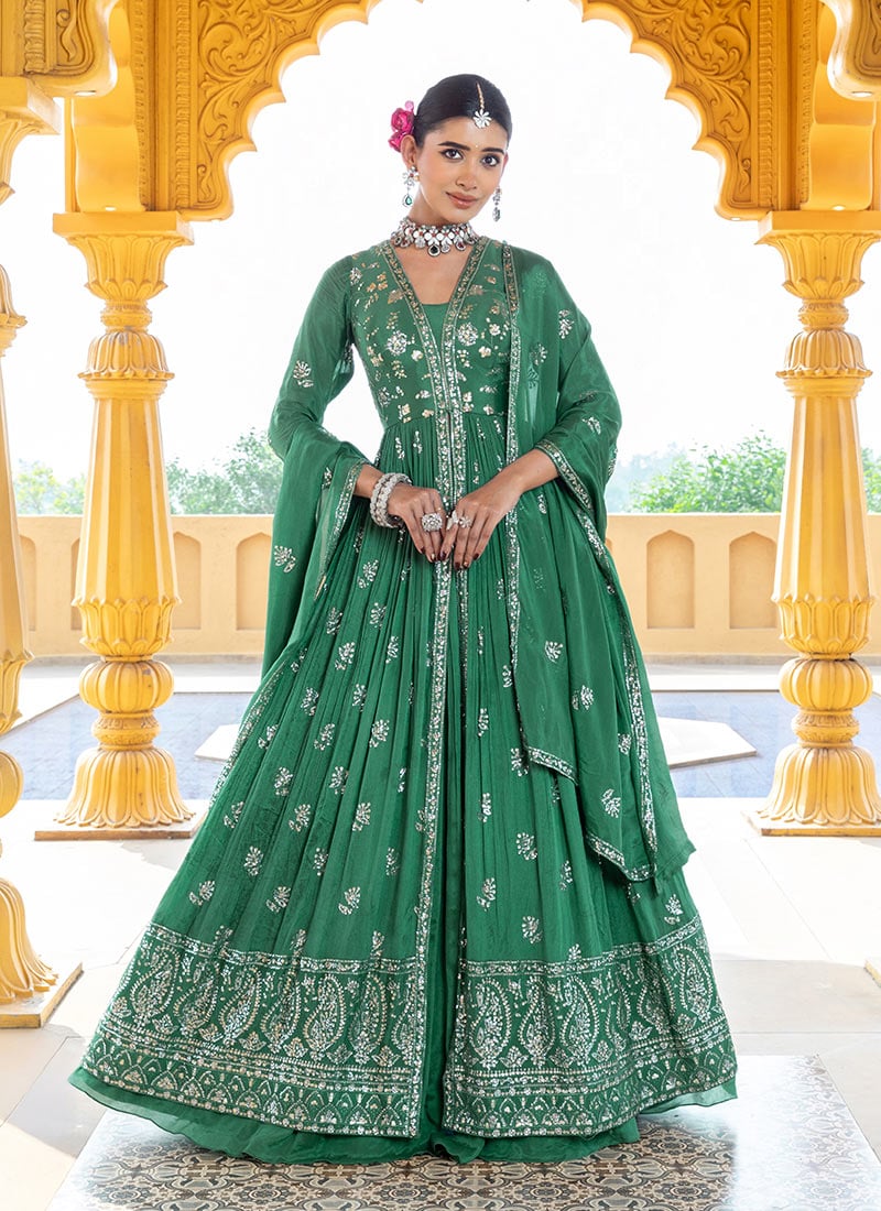 Regal Green Anarkali Lehenga In Chinon With Embroidered Sequins Work Festive Wear