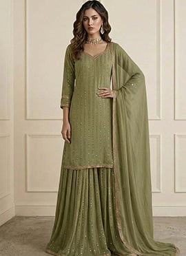 Regal Green Art Silk Embroidered Sharara Suit