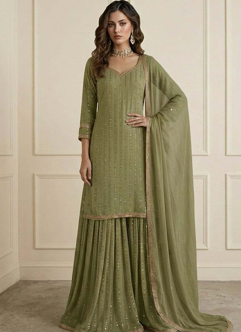 Regal Green Art Silk Embroidered Sharara Suit Festive Wear